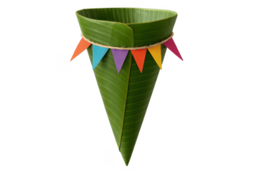 Banana leaf cone decorated with colorful party bunting