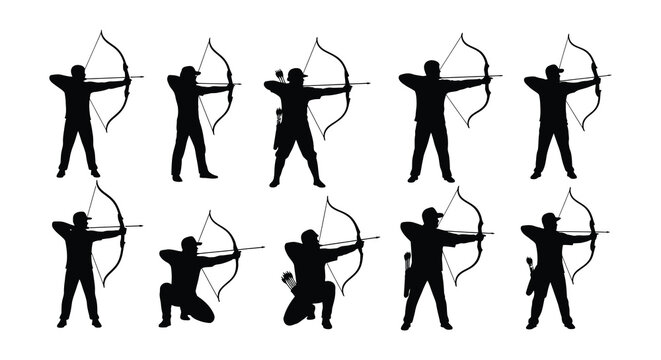 Silhouettes of archers in various poses demonstrating archery techniques and stances