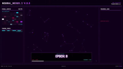 An Artificial Intelligence training dashboard visualizing a neural network. The interface tracks deep learning progress, shifting from data processing to final model convergence and sentience. - Powered by Adobe
