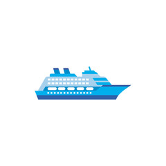 Obraz premium Flat style illustration of a large blue cruise ship sailing, symbolizing luxury vacations, sea travel and international tourism.