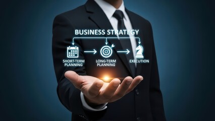 Business strategy and planning concept with a suited man holding a glowing orb and icons