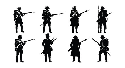 Obraz premium Silhouette depictions of napoleonic soldiers in various military poses and uniforms