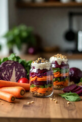Healthy Layered Vegetable Salad Jars with Carrots and Beets on Wooden Table