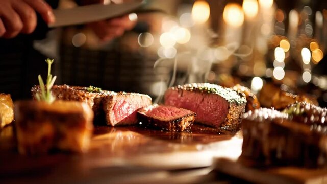Savoring a delicious steak served with garlic bread in a luxurious dining setting as seen in FOOTAGE (23).mp4