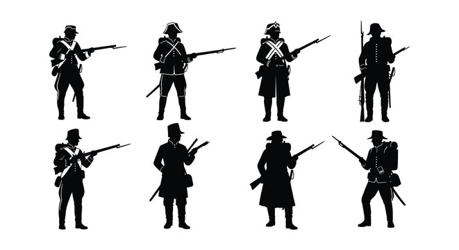 Silhouette depictions of napoleonic soldiers in various military poses and uniforms