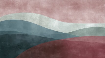 Abstract landscape of overlapping wavy layers in various muted tones blush, gray, teal, and deep red against a soft pink sky