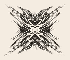 Abstract Grunge Linocut Cross Illustration. Hand Drawn Vintage Woodcut Star Element. Retro Distressed Ink Sketch of a Symmetrical Cross Shape for Tattoo or Logo Design.
