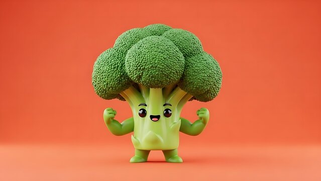 Happy broccoli character flexes muscles confidently on an orange background.
