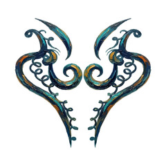 Vintage metal heart ornament with symmetrical swirls and grunge texture. Decorative abstract floral heart illustration in antique bronze and blue style. Hand drawn tribal style heart design.