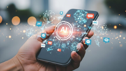 A hand holding a smartphone with a glowing ai icon and various app symbols surrounding it on the screen with a blurred background