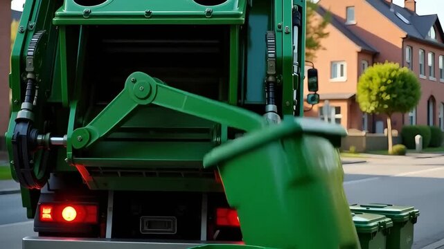 green garbage truck loading waste bins on city street during day
