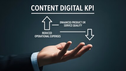 Hand showing digital kpi metrics with arrows and text on dark grey background