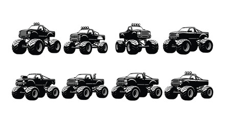 A collection of black and white illustrations depicting several monster trucks © Begum
