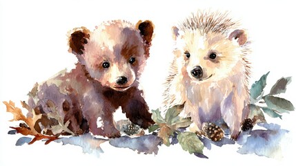 Fototapeta premium Watercolor depiction of a bear cub and hedgehog, surrounded by leaves and pinecones, set against a white background