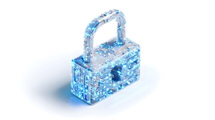 Isometric three dimensional icon of a secure padlock with digital circuits representing cyber security and data protection on white background
