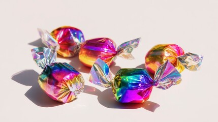 Obraz premium Close-up of colorful candies in iridescent wrappers, arranged on a light-pink surface, casting subtle shadows in bright sunlight