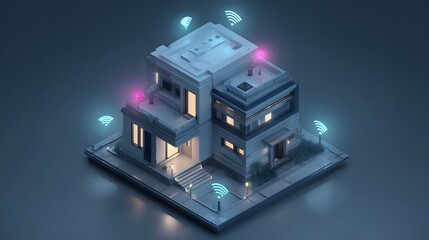 Isometric three dimensional icon of a smart home building with digital connections representing modern technology and automation on white background