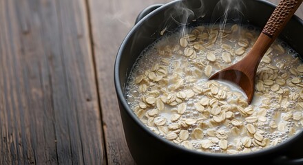 Hearty oats cooking in a dark pot, stirred with a rustic wooden spoon, creating a steaming, wholesome breakfast concept for health and wellness