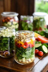 Healthy Layered Vegetable Salad Jars with Carrots and Beets on Wooden Table