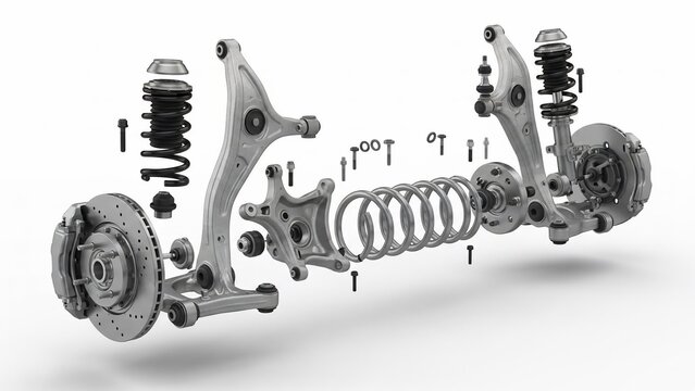 Exploded View of Car Suspension System Components.