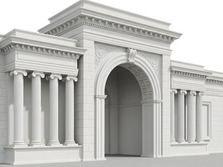 Fototapeta premium White Neoclassical Building Exterior with Grand Archway and Ionic Columns on a Clean Background with Copy Space