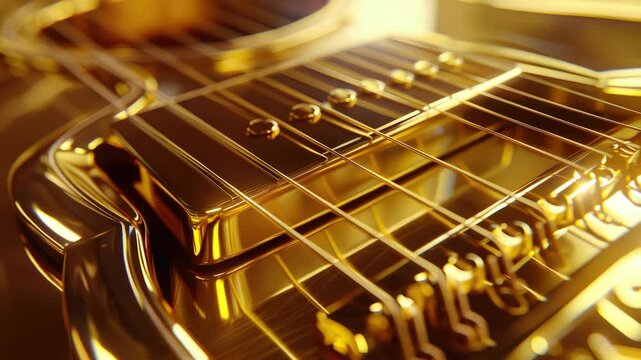 Close-up shot of a golden guitar neck featuring frets on the fretboard and six strings, illuminated by sunlight.