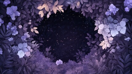 A dark blue night sky with twinkling stars and a field of purple flowers in the foreground.