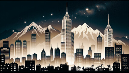 Majestic City Skyline Under Starry Mountain Peaks