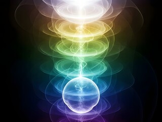 Abstract Colorful Energy Column with Glowing Sphere on Dark Background for Spirituality and Wellness Concepts