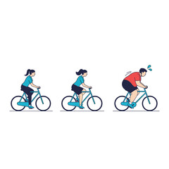 Naklejka premium Three people including a man trying to lose weight ride bicycles together to show exercise and fitness progress.