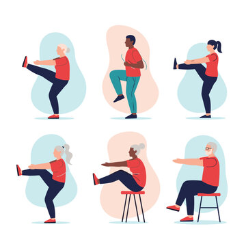 Diverse group of young and senior people performing various standing and seated leg stretching exercises for fitness and flexibility training.