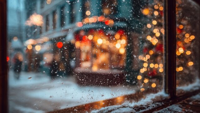 Abstract winter view through a wet, snowy windowpane looking out at warm city lights and holiday Christmas bokeh decorations during a snowstorm at dusk.