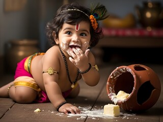 Adorable Indian Baby Dressed as Krishna Joyfully Eating Butter and Making a Mess on Wooden Floor, Celebrating Janmashtami Festival with Innocence and Cultural Charm