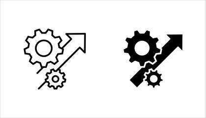 Process Optimization Growth Line Icon set. Line icon of gears with an upward arrow representing process optimization, productivity improvement, automation, and business growth.