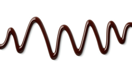 Glossy dark chocolate syrup is depicted in smooth zigzag lines on a pure white background. The thick, shiny sauce has a rich, deep brown color, featuring clean flowing strokes and realistic reflection