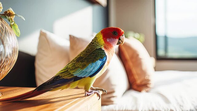 Colorful lovebird flapping wings on wooden table in bright modern living room with soft pillows and large window in background, lively indoor pet companionship concept