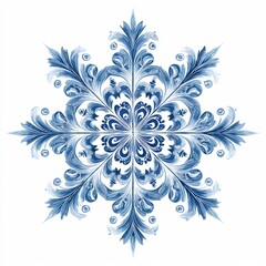 Ornate Blue and White Floral Snowflake Illustration. Traditional Delft or Gzhel ceramic scrollwork design element with complex radial symmetry isolated on a white background.