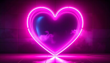 Illuminated, neon-pink heart shape against a textured, dark wall, casting reflection and enveloped in smoke