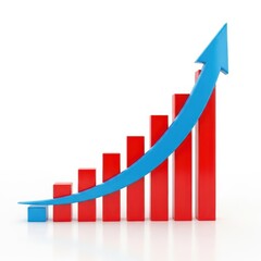 Blue arrow pointing upward on white background with red bars