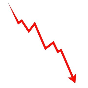 Red downward zigzag arrow trend line on isolated white background