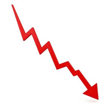 Red downward zigzag arrow trend line with shadow on white background