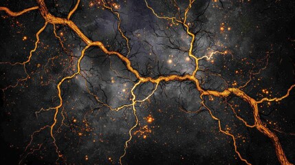 A digital illustration of a network of orange and black lines against a dark background.