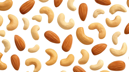 Cashew and Almond Nuts Scattered isolated on a transparent background