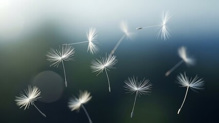 Floating dandelion seeds carried by the wind, symbolizing nature's gentle dispersion and the beauty of ephemeral moments