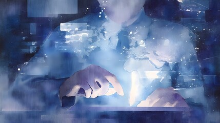 Global Network Management Watercolor Illustration Shows Hands Guiding Digital Systems Support