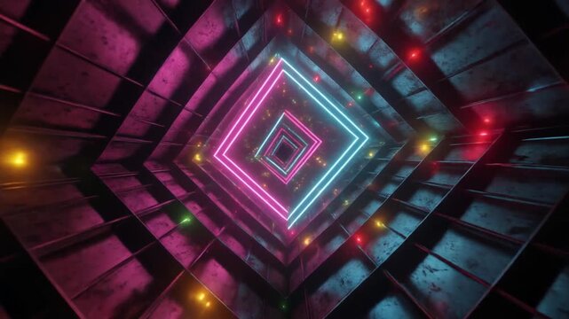 A futuristic, symmetrical neon light pattern in a dark, technological environment, viewed from a central perspective, forming a mesmerizing display