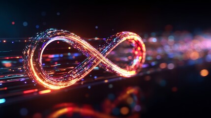 A vibrant, glowing infinity symbol pulses with light, surrounded by a stream of colorful data points and streaks, illustrating the concept of endless possibilities