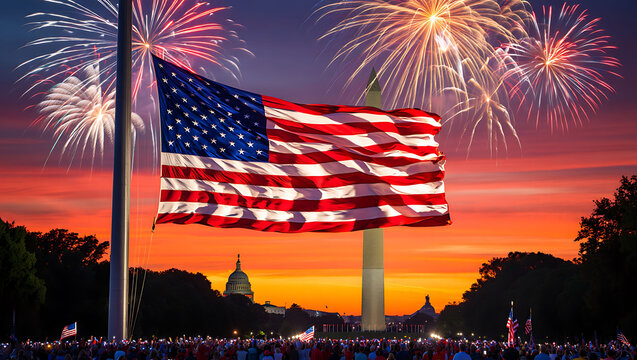 American flag waving during fireworks display over washington dc at sunset