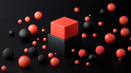 A 3D rendering of a red cube surrounded by black spheres.