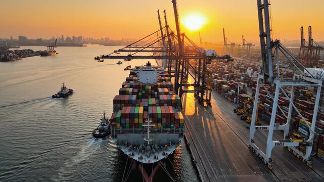 Cargo ship at busy industrial port during sunset photography